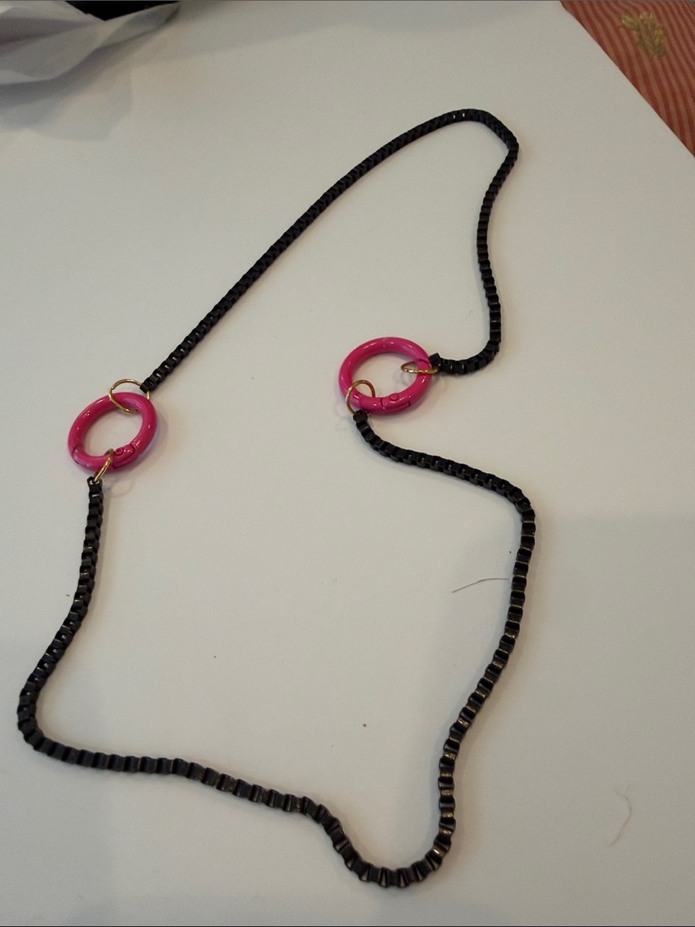 Black Enamel Chain Necklace with 2 Pink Rings for easy open and closure.